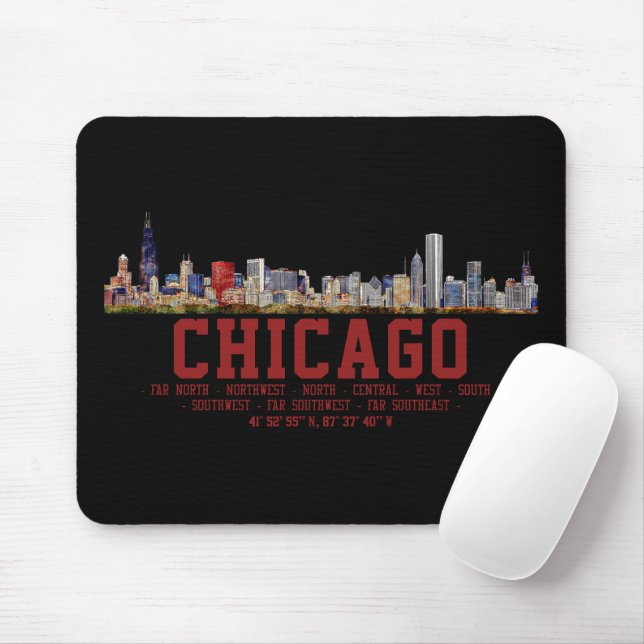Chicago Skyline.  Area Names and Coordinates Mouse Pad (With Mouse)