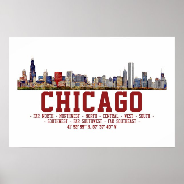 Chicago Skyline.  Area Names and Coordinates Poster (Front)