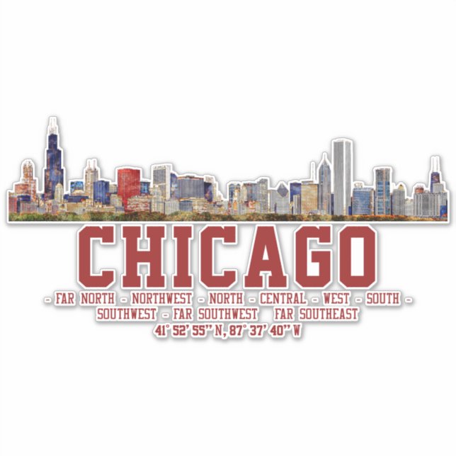 Chicago Skyline.  Area Names and Coordinates Sticker (Front)