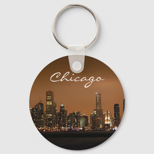 Chicago Skyline at night at Navy Pier Keychain (Front)