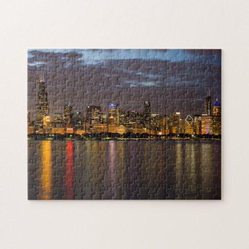 Chicago Skyline At Night Jigsaw Puzzle