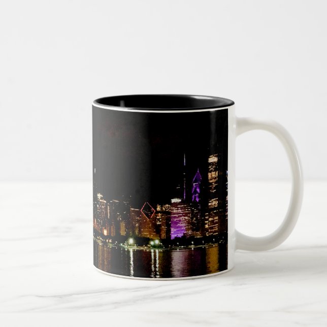 Chicago Skyline at Night Two-Tone Coffee Mug (Right)