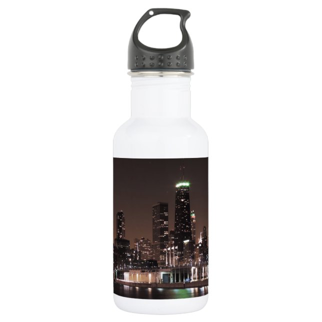 Chicago Skyline at Night Water Bottle (Front)