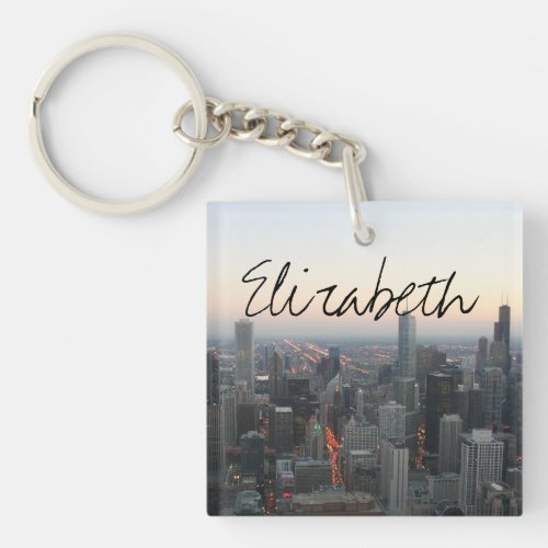 Chicago Skyline at Sunset with a Name Keychain