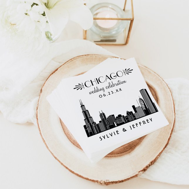 Chicago Skyline Black and White Wedding Paper Napkins (Creator Uploaded)