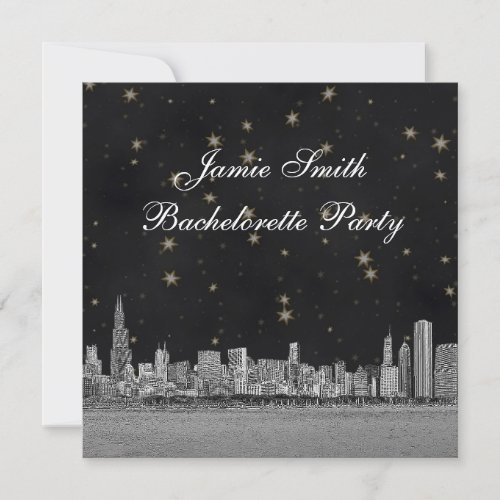 Chicago Skyline Black Gold Star Bachelorette Custom Invite
