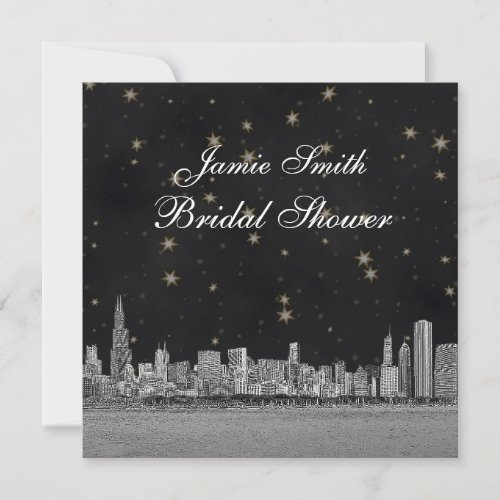 Chicago Skyline Black Gold Star Bridal Shower Invite