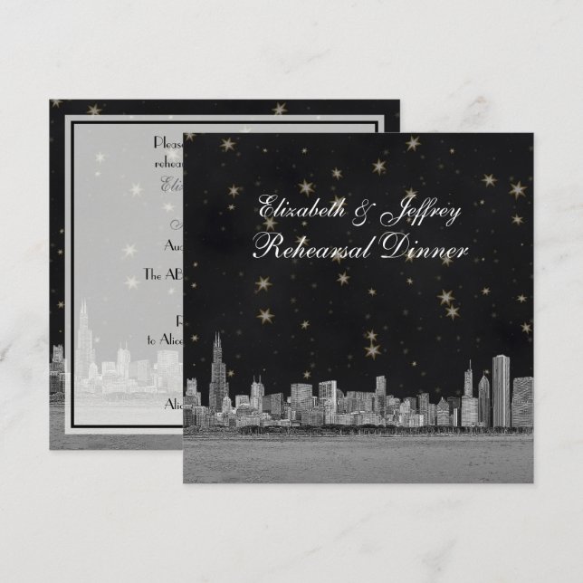 Chicago Skyline Black Gold Star S Rehearsal Invitation (Front/Back)