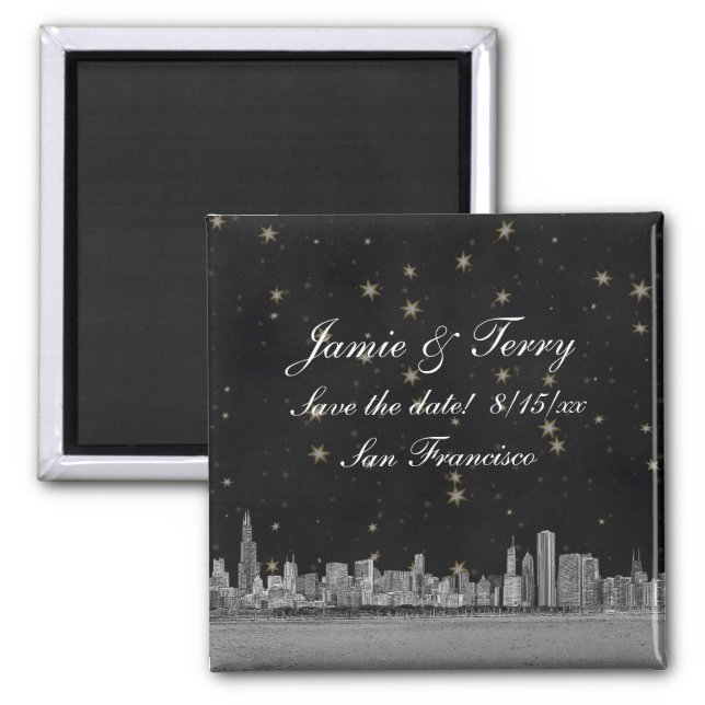 Chicago Skyline Black Gold Star Save the Date Magnet (Front)