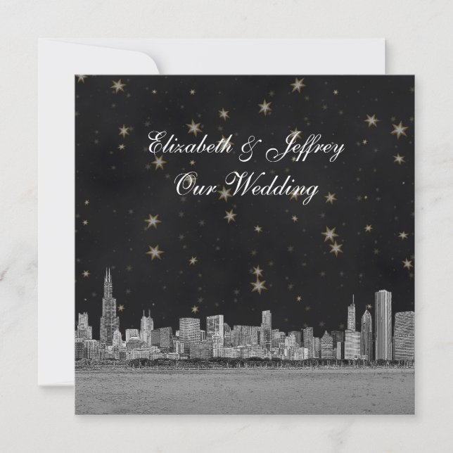 Chicago Skyline Black Gold Star SQ Wedding Invitation (Front)