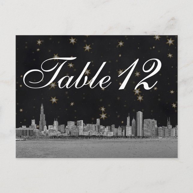 Chicago Skyline Black Gold Star Table Number (Front)