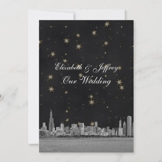 Chicago Skyline Black Gold Star V Wedding Invitation (Front)