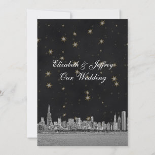 Chicago Skyline Black Gold Star V Wedding Invitation