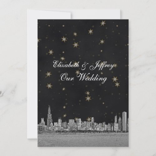 Chicago Skyline Black Gold Star V Wedding Invitation