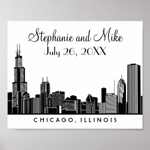 Chicago Skyline Black Wedding Reception Welcome Poster