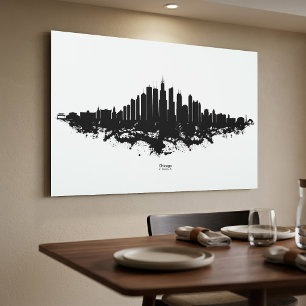 Chicago Skyline Black White Watercolor City Art