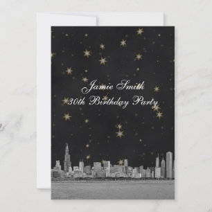 Chicago Skyline Blk Gold Star Birthday Party V Invitation
