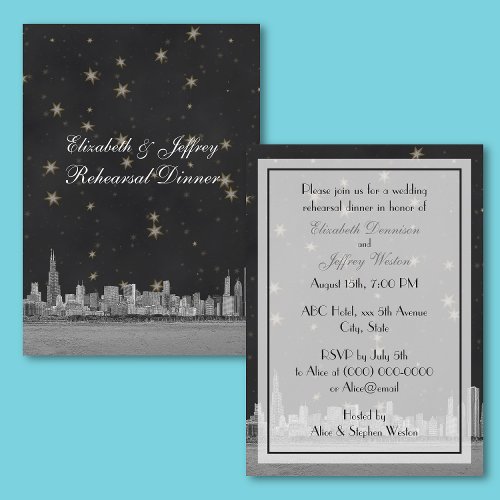 Chicago Skyline Blk Gold Star V Rehearsal Invitation