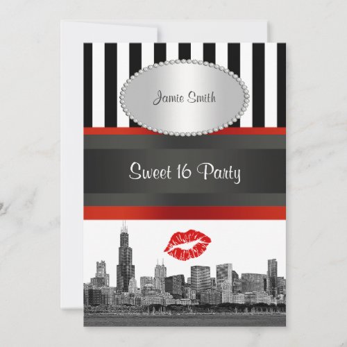 Chicago Skyline BW Blk Wht Strp Red Kiss Sweet 16 Personalized Invitation