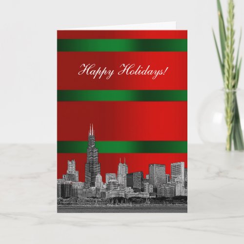 Chicago Skyline Christmas Holiday Red Green Grd