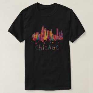 Chicago Skyline Cityscape Watercolor Chicago Flag T-Shirt