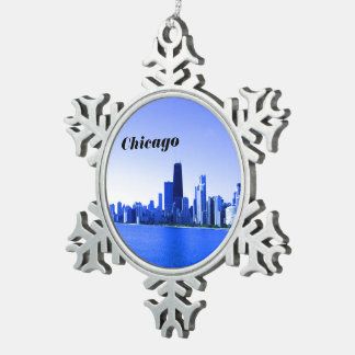 Chicago Skyline Deep Bluish Highlights Snowflake Pewter Christmas Ornament