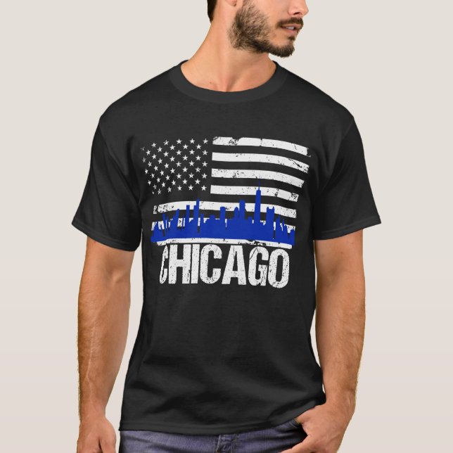 Chicago Skyline Distressed American Flag T-Shirt (Front)