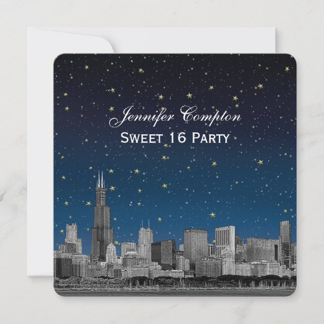 Chicago Skyline Etch Blue Starry SQ Sweet 16 Invitation (Front)