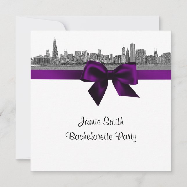 Chicago Skyline Etch BW Purple SQ Bachelorette Invitation (Front)