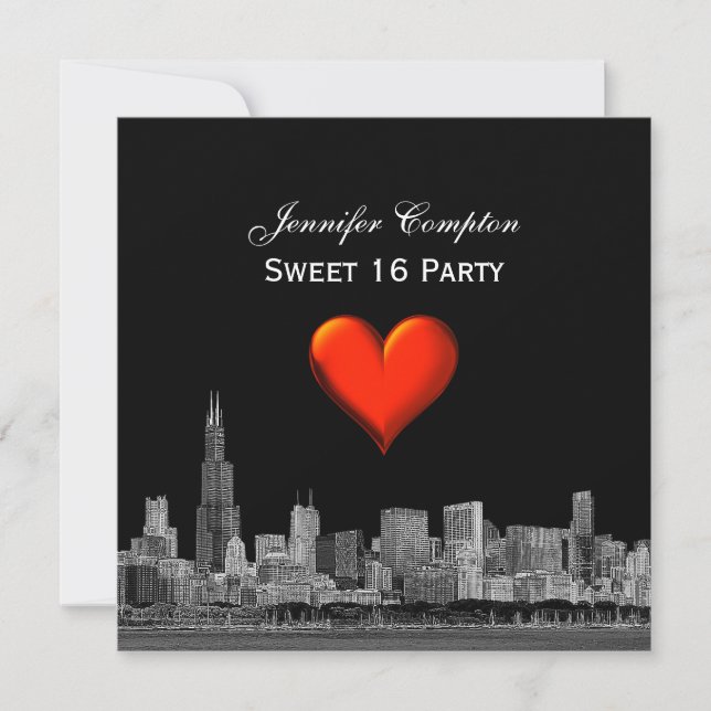 Chicago Skyline Etch DIY BG Red Heart SQ Sweet 16 Invitation (Front)