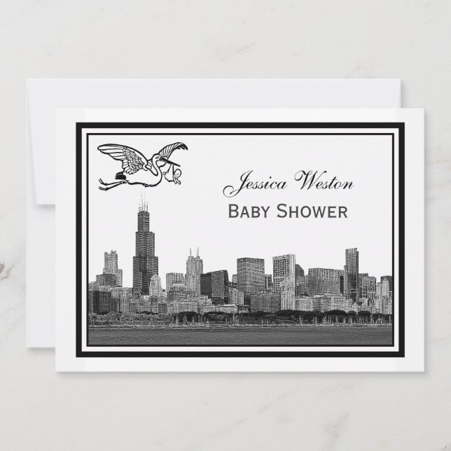 Chicago Skyline Etch Framed #2H Baby Shower Stork Invitation (Front)