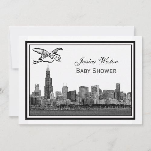 Chicago Skyline Etch Framed 2H Baby Shower Stork Invitation