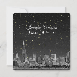Chicago Skyline Etch Gray Starry SQ Sweet 16 Invitation