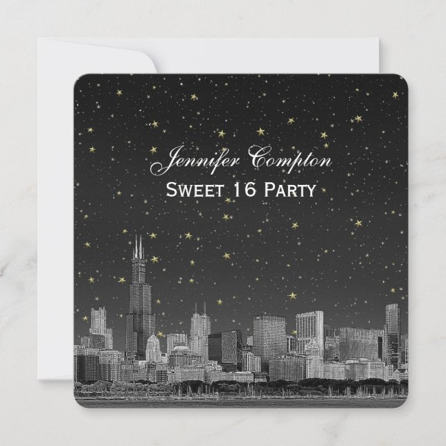 Chicago Skyline Etch Gray Starry SQ Sweet 16 Invitation (Front)