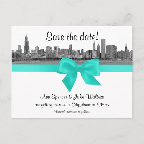Chicago Skyline Etched BW Aqua Save the Date Announcement Postcard