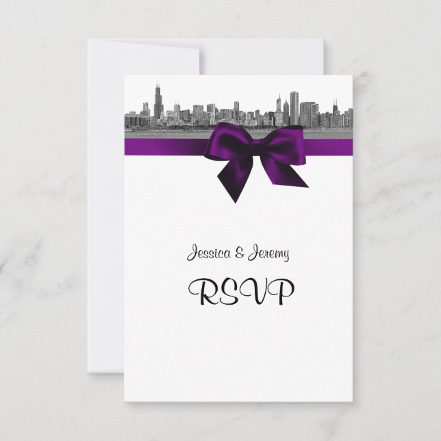 Chicago Skyline Etched BW Purple RSVP #2 Card (Front)
