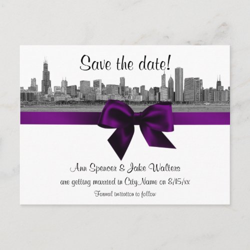 Chicago Skyline Etched BW Purple Save the Date Announcement Postcard