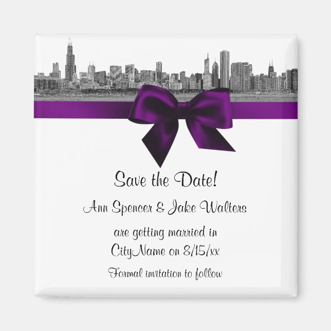 Chicago Skyline Etched BW Purple Save the Date Magnet (Front)