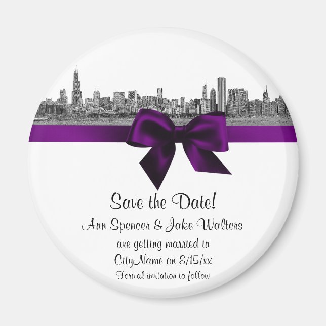 Chicago Skyline Etched BW Purple Save the Date R Magnet (Front)