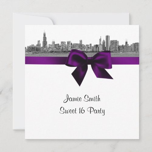 Chicago Skyline Etched BW Purple Sweet Sixteen SQ Personalized Invitation