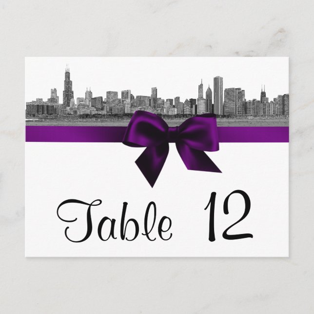 Chicago Skyline Etched BW Purple Table Number (Front)