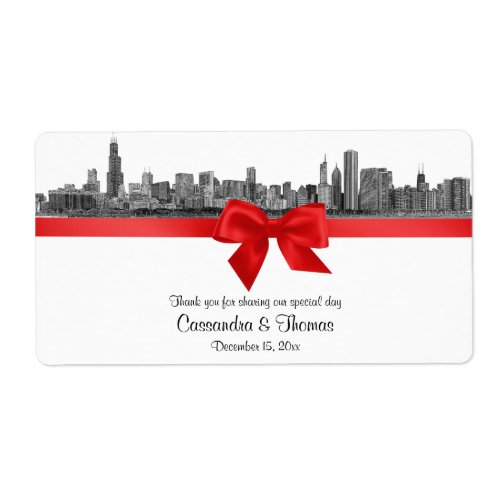 Chicago Skyline Etched BW Red H Water Bottle Label