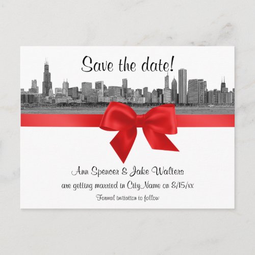 Chicago Skyline Etched BW Red Save the Date Announcement Postcard