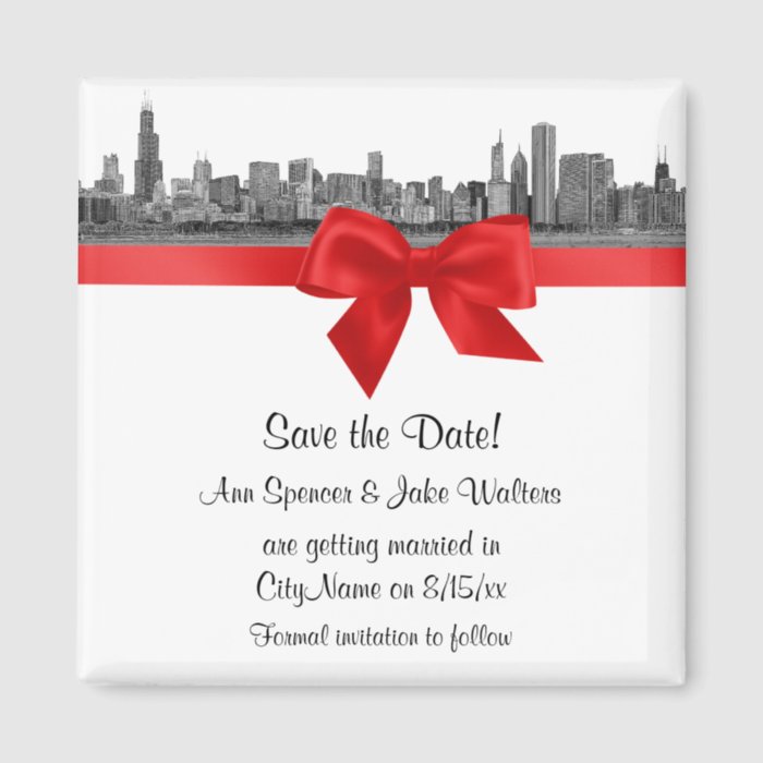 Chicago Skyline Etched BW Red Save the Date Fridge Magnet