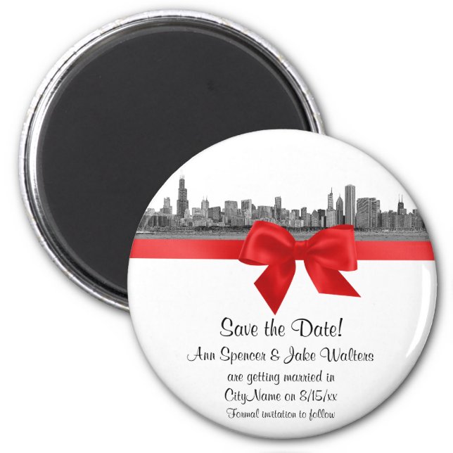 Chicago Skyline Etched BW Red Save the Date R Magnet (Front)