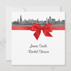 Chicago Skyline Etched BW Red SQ Bridal Shower Invitation