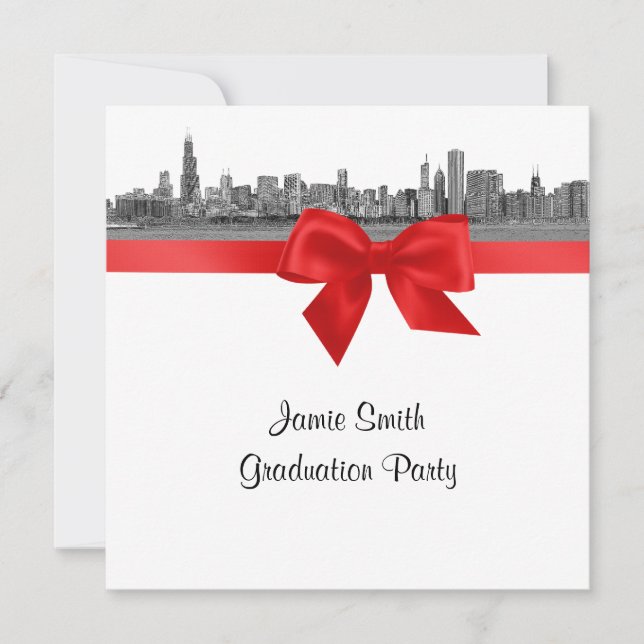 Chicago Skyline Etched BW Red SQ Graduation Party Invitation (Front)