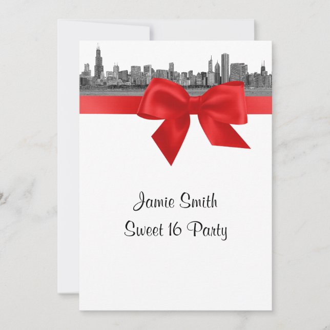 Chicago Skyline Etched BW Red Sweet Sixteen Invitation (Front)