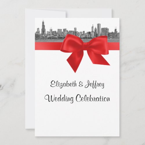 Chicago Skyline Etched BW Red Wedding Personalized Invites