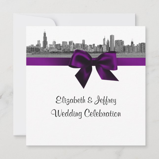 Chicago Skyline Etched BW SQ Purple Wedding Invitation (Front)